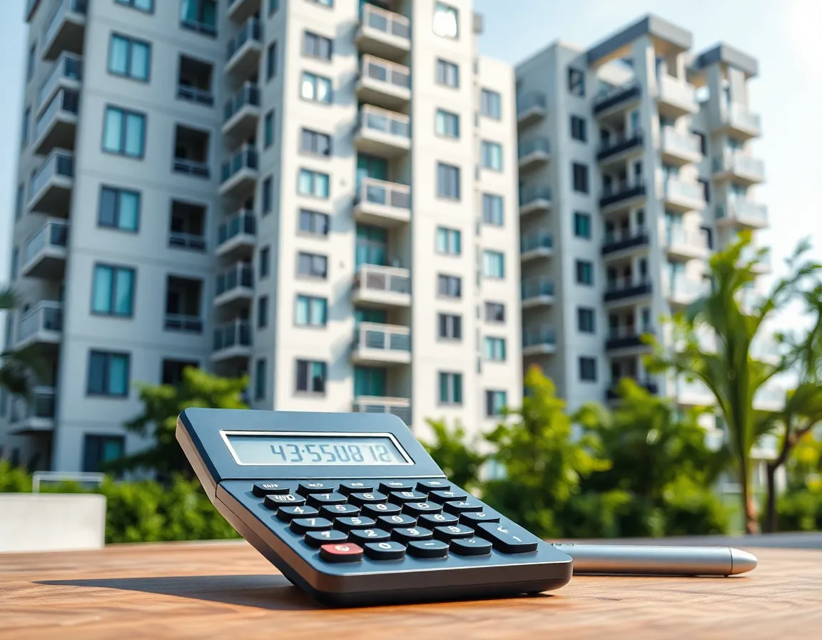 A modern apartment building and a calculator, representing real estate investment planning.