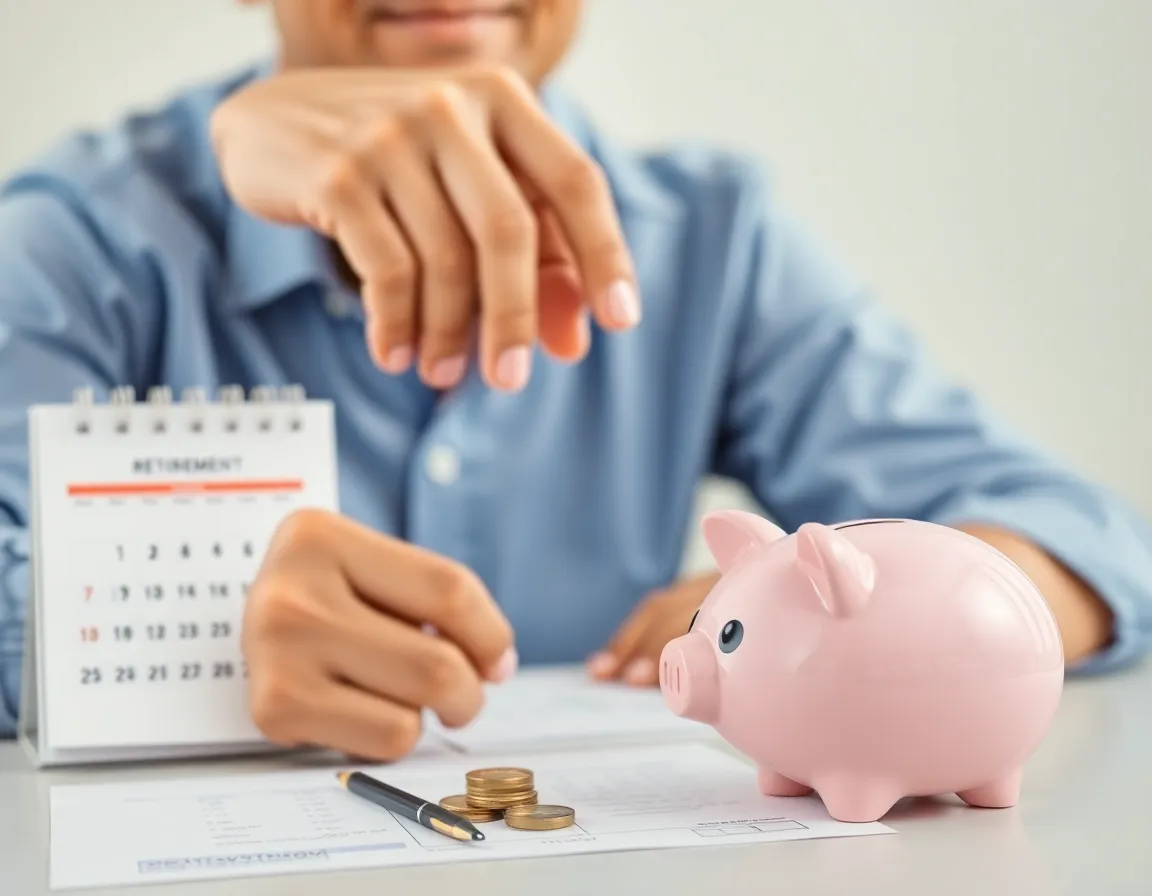 A person planning their retirement with a calendar and piggy bank.
