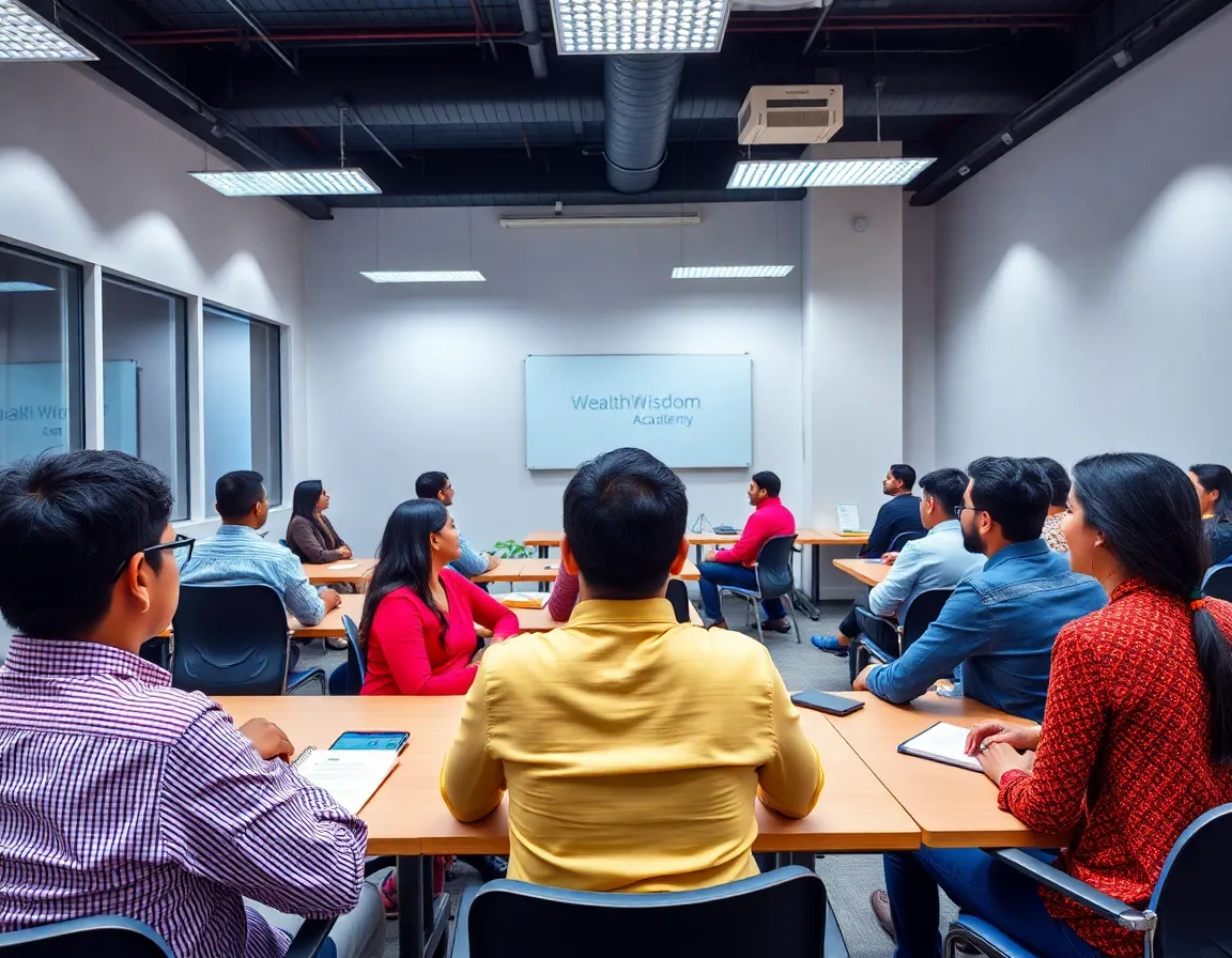 A vibrant and modern classroom setting at the WealthWisdom Academy campus in Mumbai, with students engaged in a lecture.