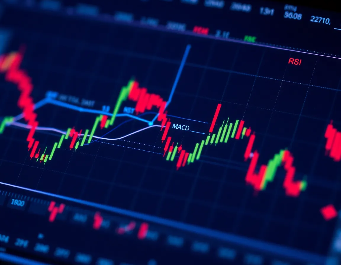 An illustration of technical analysis charts with various indicators like RSI and MACD.