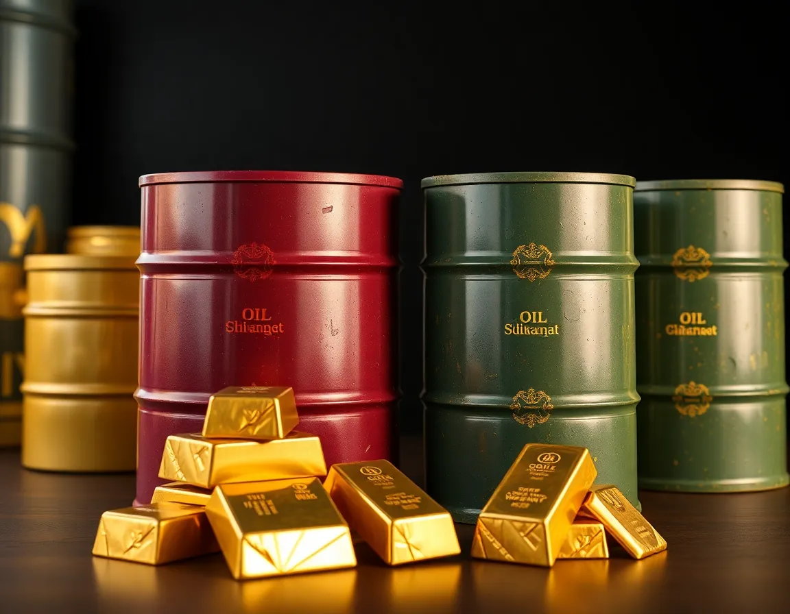 Barrels of oil and gold bars representing commodity trading.