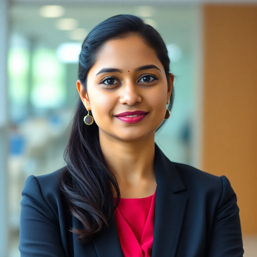 Portrait of Priya Sharma, a young professional woman from Bangalore.
